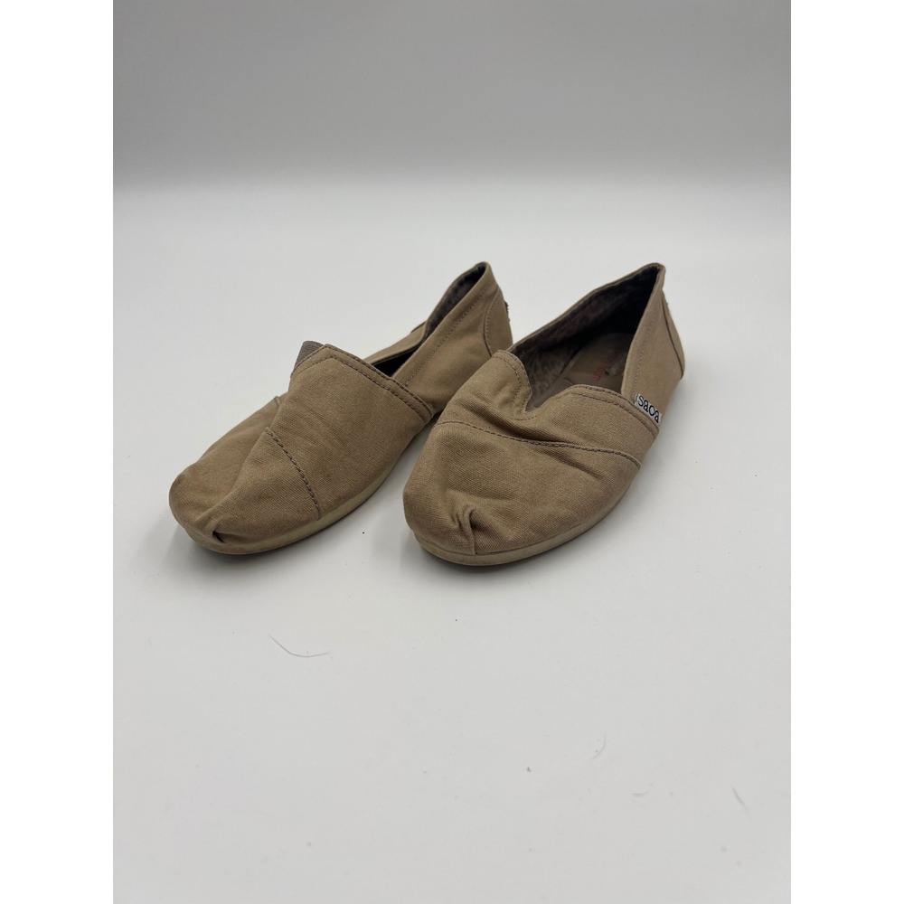 Skechers BOBS Women 7.5 Taupe Canvas Slip On Flats Memory Foam 33645 TPE